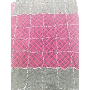 Handmade Red Plaid Green Throw Rag Quilt Vtg Fabric Fleece Back NO Batting